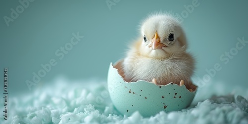 white very chick sitting on an edge of a easter egg shell in light blue monochromatic background, captivating