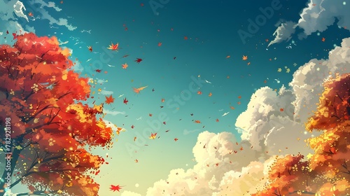 Dreamy orange trees landscape with the blue sky, illustration wallpaper