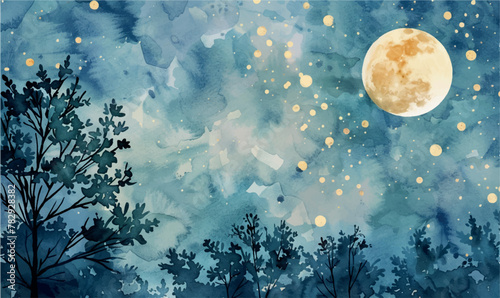 watercolor background illustration trees night sky and moon