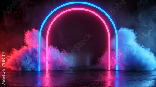 This mockup shows neon light arch portals, laser-led frames for concert stages with steam, haze, magic glitter, and a futuristic bright teleport mockup with reflections.
