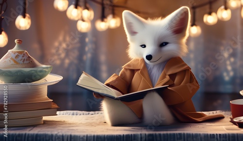 AI illustration of an innocent fox reading photo
