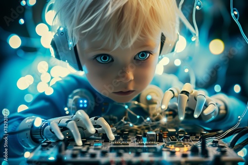 A robot made by artificial intelligence, which looks like a small child with blond hair and bright blue eyes, is using its fingers to operate a complex electronic device photo