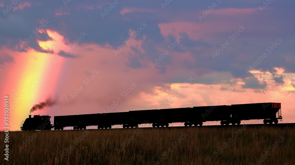 Fototapeta premium landscape with train and rainbow in the pink sky. 