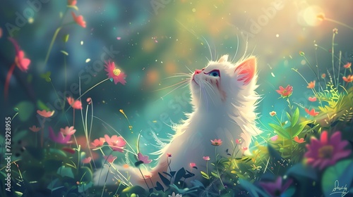 The illustrations picture of a cute white kitten and pink flowers, background, wallpaper photo