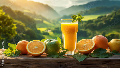 Close-up of glass of tasty orange juice and ripe fruits on wooden table. Healthy drink with fruits.