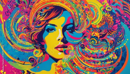 psychedelic woman in purple and blue with swirly curls on her head