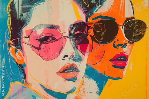 AI generated illustration of two women in sunglasses posing against a neon wall