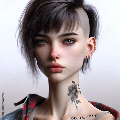 AI-generated illustration of a young woman with tattoos and piercings photo