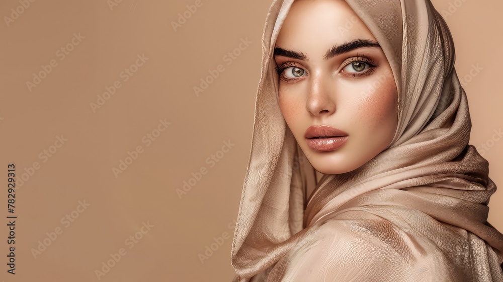 Portrait of a Beautiful Modern Muslim Woman with Natural Makeup, Dressed in a Beige Hijab Portrait of a Beautiful Modern Muslim Woman with Natural Makeup, Dressed in a Beige Hijab