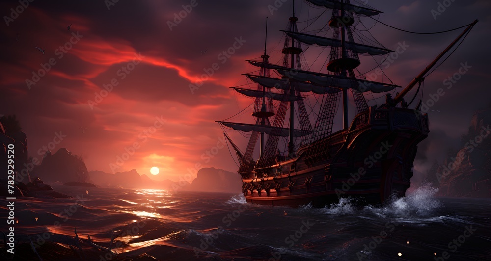 the sailing ship is in the dark ocean at sunset with mountains in the background