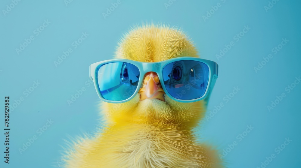 Easter Concept: Yellow Chick Sporting Blue Sunglasses, Posing Against a Blue Background