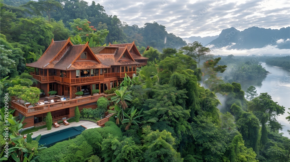 Mountain village with a lake, hut, and scenic nature in Asia; influenced by Japanese and Chinese architecture, perfect for tourism Mountain village with a lake, hut, and scenic nature in Asia; influenced by Japanese and Chinese architecture, perfect for tourism