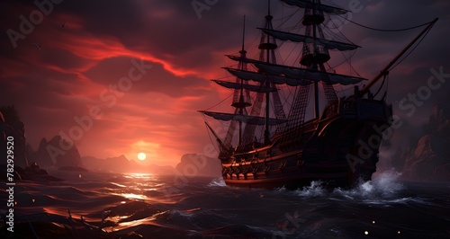 the sailing ship is in the dark ocean at sunset with mountains in the background