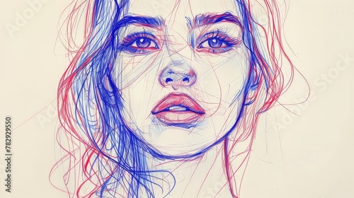Beautiful Woman Face Drawn with Red and Blue Pen