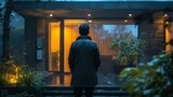 man standing outside a home at night with the rain falling on the ground