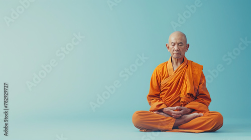 Bald Buddhist monk with orange robe sitting in the lotus pose. Isolated on pastel blue background