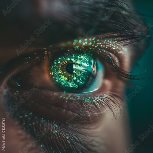 an image of an eye looking through a lens with a green dot