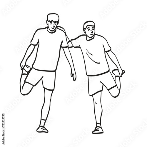 two soccer players warming up before playing soccer illustration vector hand drawn isolated on white background