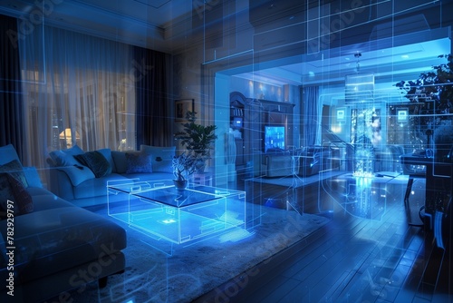 blue neon lights in the dark room of a modern home