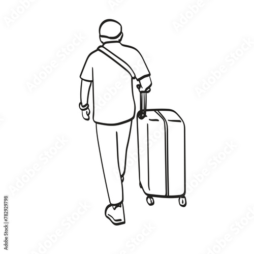 back view of man with suitcase for travel illustration vector hand drawn isolated on white background