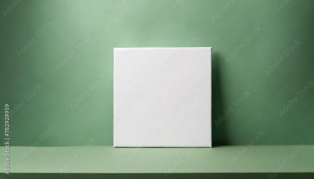 Mock-up of white square canvas on light green background. Blank poster. Mock-up of white square canvas on light green background. Blank poster.