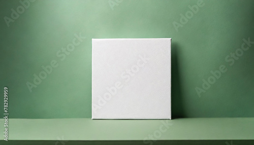 Mock-up of white square canvas on light green background. Blank poster. photo