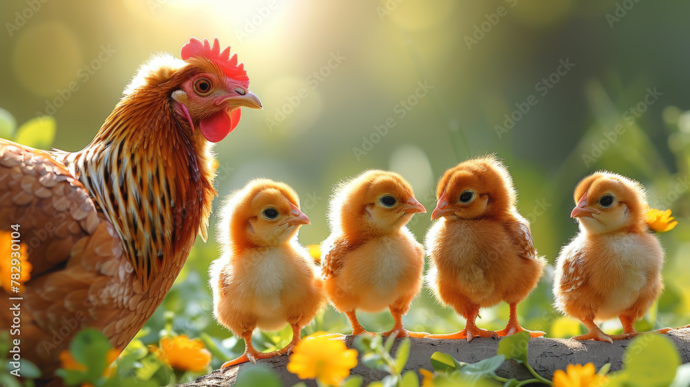 A mother hen and her four chicks are standing in a field of flowers. The hen is looking at the camera while the chicks are looking at the hen.
