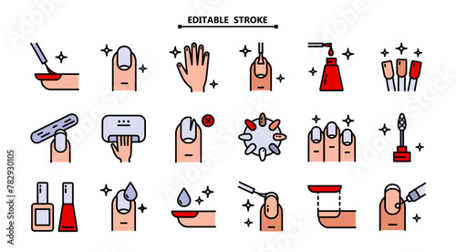 Manicure, icon set. Editable stroke. Tools for cosmetic beauty treatment for the fingernails and hands, linear icons. Nail care.