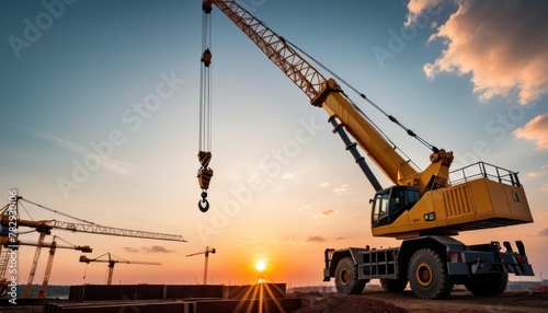 A crane lifts against the backdrop of a setting sun, symbolizing the tireless progress in the construction industry.. AI Generation. AI Generation photo