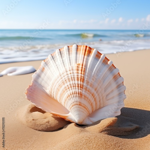 Seashell shell on beach, crustacean tourist resort single object yellow conch shell © antkevyv