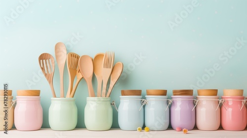 kitchen colorful wooden utensils in jars on wooden table, equipment set single object decoration