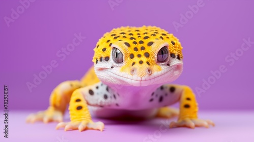 Leopard gecko on purple background, lizard vertebrate spotted cute small
