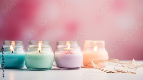 Pastel candles on table, glowing illuminated wax pink color relaxation