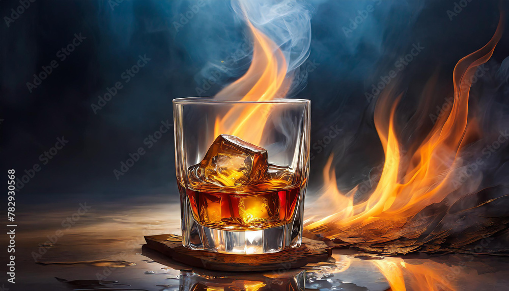 Glass of whiskey with ice and fire flames. Alcoholic drink. Tasty beverage. Dark backdrop.