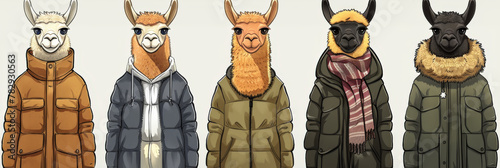 A group of llamas wearing different fashionable jackets.
