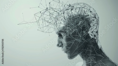 Detailed wireframe polygonal illustration of a great thinker and his broken head