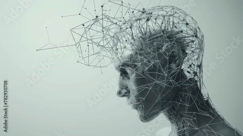 Detailed wireframe polygonal illustration of a great thinker and his broken head photo