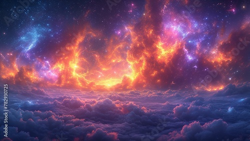 AI generated illustration of stars shining in a sky full of fluffy clouds