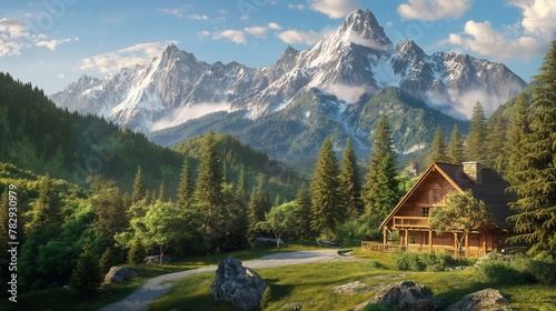 AI generated illustration of a secluded mountain cabin nestled among towering peaks
