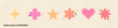 Trendy y2k style blurred shapes with frames and sparkles. Set of blurry stars, flowers and hearts. Graphic elements in retro style for decoration and logo. Vector illustration