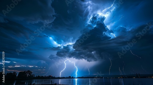 AI generated illustration of A lightning storm over water