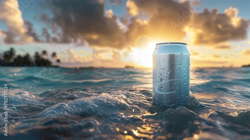 The plain soft-drink can 330ml, floating in the ocean with tropical islands in background. Generated by artificial intelligence. photo