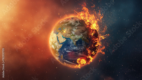 Global warming concept. Earth warming due to extreme temperatures. Image of Earth surrounded by fire.
