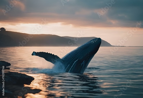 a humpback dives out of the water at sunrise