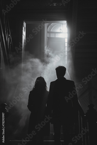 A couple is walking down a staircase in the dark © Anek