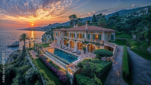 AI generated illustration of an aerial view of a grand mansion by the ocean at sunset photo