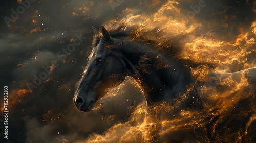 AI generated illustration of a black horse with golden flames © Wirestock
