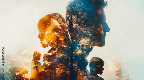 With in the area with a white background, the Double Exposure of the person, family, woman reflects a joyful expression. A livable world happy concept.