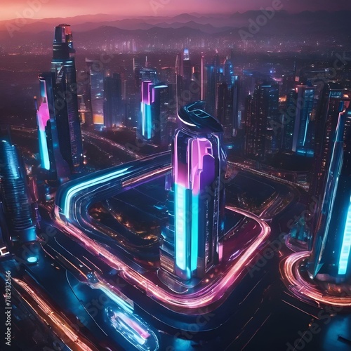 AI generated illustration of aerial view of a city at night with light trails photo