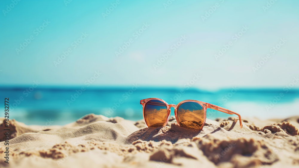 Summer concept. Sunglasses standing on the sand on the beach. Cover for summer vacation, social media background etc.